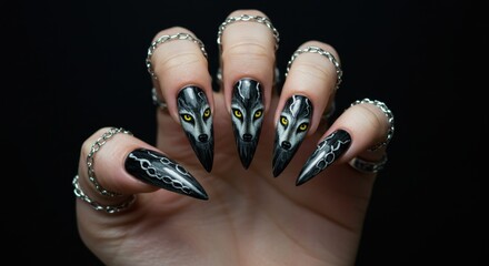 Wolf-themed stiletto nails with intricate designs and sparkling embellishments
