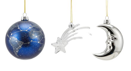 Blue Christmas bauble with world map, silver shooting star, and crescent moon ornaments hanging isolated on white background, perfect for holiday decoration
