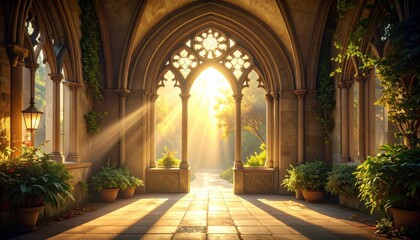 Fototapeta premium A sun-drenched walkway within a beautiful, ancient stone archway, showcasing intricate details and lush greenery.