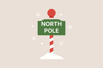 North Pole signpost with red and white striped pole, green sign, snow and falling snowflakes on beige background, festive Christmas landmark. Flat vector illustration