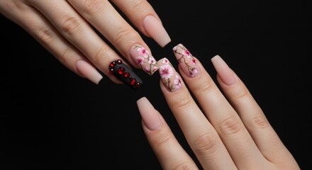 Floral Nail Art Design with Sparkling Black Accent on Black Background