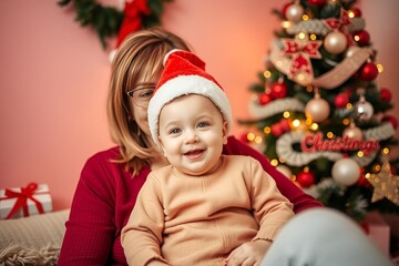 Smiling Baby in Santa Hat on Mother&rsquo;s Lap with Decorated Christmas Tree