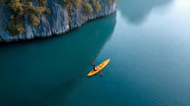 Kayaking through turquoise waters, experienced traveler navigating peaceful halong bay surrounded by dramatic limestone karsts and verdant landscape in vietnam's unesco world heritage site