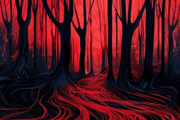 Illustration Mysterious red forest horror dark night backgrounds outdoors nature.