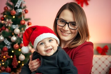 Smiling Baby in Santa Hat on Mother&rsquo;s Lap with Decorated Christmas Tree