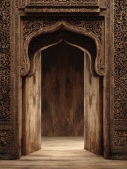 Ornate Wooden Archway with Intricate Carvings and Open Doors