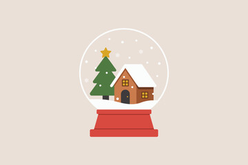 Snow globe with Christmas tree and house inside, snow falling around festive winter scene on beige background, traditional holiday decoration. Flat vector illustration