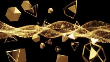 An abstract composition of shimmering golden geometric forms and flowing particle waves, set against a dark background, representing digital data, innovation, and futuristic scientific concepts - Powered by Adobe
