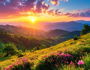 Obraz premium A breathtaking mountain vista at sunrise, showcasing vibrant wildflowers and lush greenery, bathed in the warm golden light of a magnificent sunset.