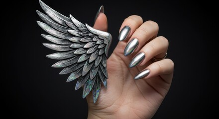 Chic Metallic Winged Nail Art for a Celestial and Bold Fashion Statement