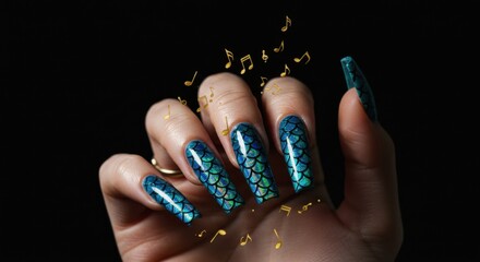 Glamorous Blue Nail Art with Floating Musical Notes