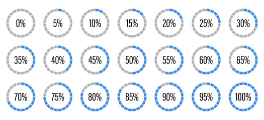 Blue and gray colored progress bar. Template of blue and gray color fill pie chart indicators. Set of round graph loading progress. Circle diagrams icons for infographics from 0 to 100 percent. Round 