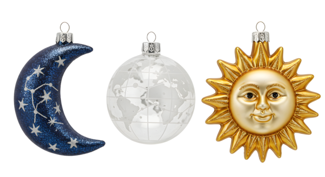 Christmas tree ornaments featuring blue crescent moon, white globe with map, and golden sun with face, ideal for festive holiday decorations