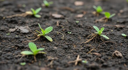 Seedlings emerge from dark, fertile soil in a field of green sprouts.