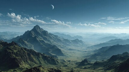Otherworldly mountain landscape with majestic peaks under a crescent moon