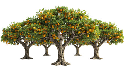 Lush Orange Grove Five Abundant Citrus Trees with Ripe Fruit