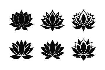 lotus flower bundle set linocut style silhouette vector illustration on white background