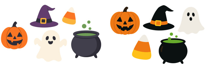 Spooky Halloween holiday symbols collection featuring jack-o-lanterns ghosts witch hats cauldrons and candy corn