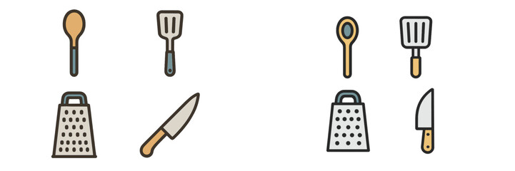 Assortment of essential kitchen cooking utensils and tools including spoon spatula grater and knife for food preparation