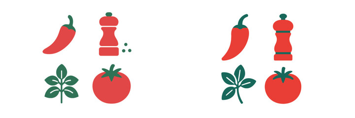 Colorful flat design icons of fresh kitchen ingredients and spice grinder for cooking and food preparation