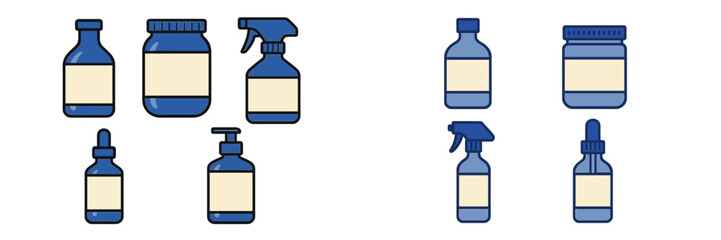 Assortment of blank blue bottles, jars, and spray dispensers for various liquid products and cosmetics