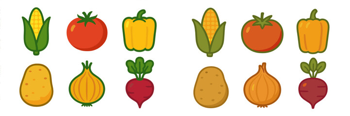 Assortment of fresh healthy organic vegetables including corn on the cob, ripe red tomatoes, yellow bell peppers, brown potatoes, golden onions, and vibrant red beetroots