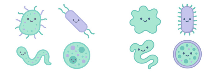 Diverse cartoon microorganisms with friendly smiling faces, representing various types of bacteria and germs