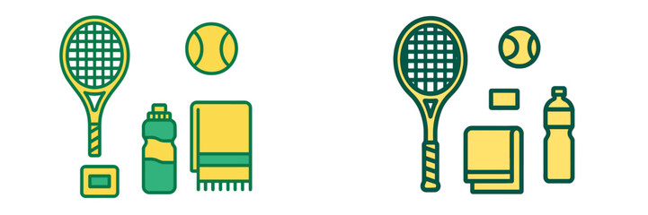 Sporting goods for tennis players featuring a yellow and green racket, ball, hydration bottle, and absorbent towel