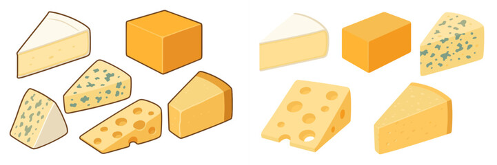 Assortment of delicious cheese types: soft brie, sharp cheddar, pungent blue, holey Swiss, and hard parmesan