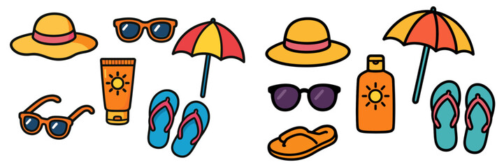 Summer beach vacation essentials set with hats, sunglasses, sunscreen, umbrellas, and flip-flops