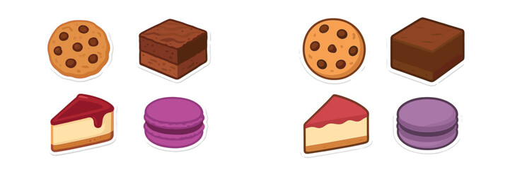 Assortment of delicious baked goods and sweet desserts including cookies, brownies, cheesecake, and macarons