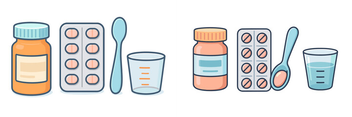 Various pharmaceutical items including pill bottles, blister packs, spoons, and measuring cups for health and wellness