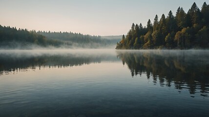 Fototapeta premium Serene misty lake reflecting lush forest at sunrise creating a tranquil, breathtaking landscape