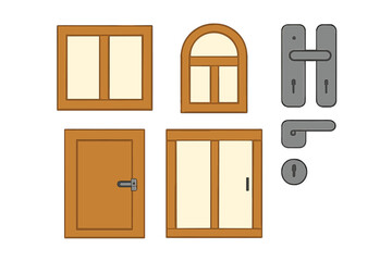 Architectural elements set with various wooden windows, doors, and metal door handles, locks, and keyholes