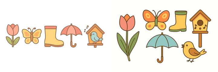 Cute spring season scene with blooming tulips, colorful butterflies, rain boots, umbrellas, and cheerful birds in birdhouses