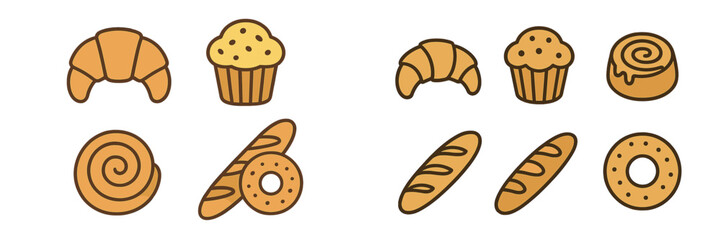 Delicious assortment of fresh baked goods including croissants, muffins, cinnamon rolls, baguettes, and bagels