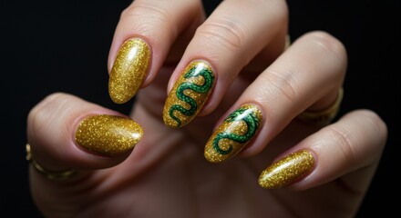 Close-up of a hand with gold glitter nail polish and green dragon art