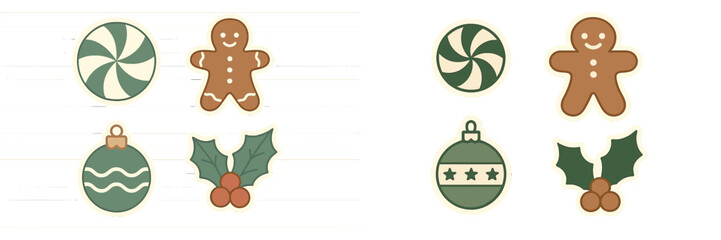 Festive Christmas holiday elements set featuring gingerbread man candy cane holly and decorative ornaments