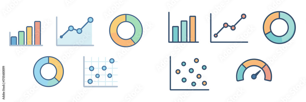 Poster colorful data visualization charts and graphs for business analytics and statistical reporting, incl