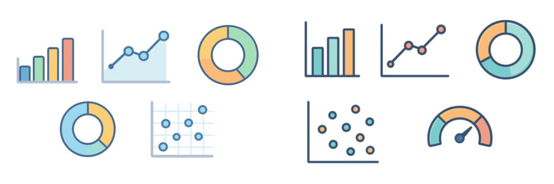 Colorful data visualization charts and graphs for business analytics and statistical reporting, including bar, line, pie, and scatter plots