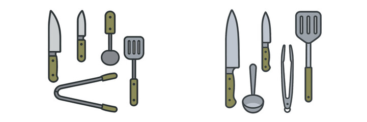 Essential kitchen utensils including chef knives, paring knives, spatulas, ladles, and tongs for cooking and food preparation