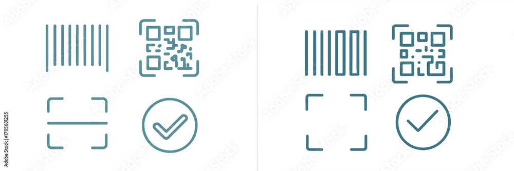 Poster digital scanning and verification symbols featuring barcode, qr code, scanner frame, and checkmark i