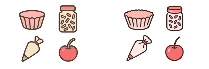 Collection of sweet dessert baking ingredients and tools including cupcake liners sprinkles piping bags and fresh cherries