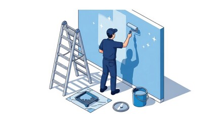 Professional painter applying fresh coat on wall with seamless pattern concept