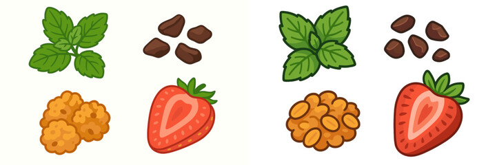 Fresh mint leaves, chocolate chips, ripe strawberries, and crunchy peanut clusters on white background