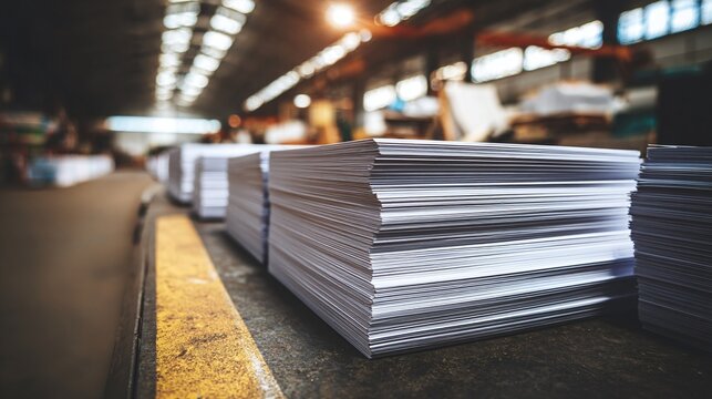 Stacks of paper sit in a factory, awaiting use in printing and packaging operations. The organized stacks represent productivity and volume.