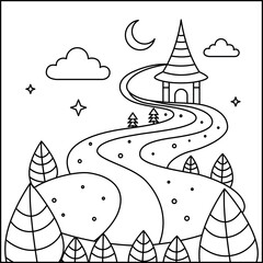 Bloomlight Fantasy Path Coloring Page, Enchanted Floral Landscape Illustration