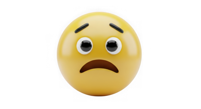 A sad yellow emoji face with wide eyes and a downturned mouth, isolated on transparent background