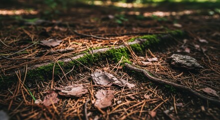 Fototapeta premium Forest floor with fallen needles, leaves, and mossy roots closeup