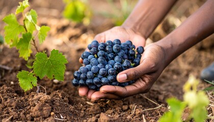 Top-view flat lays of eco-friendly and sustainable wine production. Glass bottles with natural corks, fresh grapes, leaves, organic labels, hands of winemakers sorting grapes, natural rustic backgroun